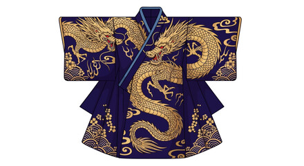 Intricate illustration of a dark blue robe adorned with golden dragons and cloud patterns, presented on a white background.