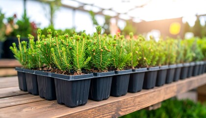 Young evergreen seedlings lined up for planting, symbolizing growth