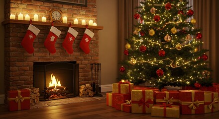Christmas Scene with Fireplace and Decorated Tree