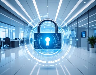 A glowing blue digital padlock hologram floats in a modern office, symbolizing cybersecurity and data protection.