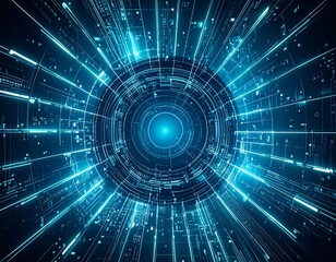 Abstract digital design featuring a glowing blue circular pattern with radiating lines and intricate details.