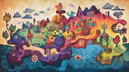 Whimsical Island: A Vibrant, Folk Art Fantasy Landscape