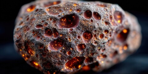 A detailed close-up shows a glowing, textured rock with intricate patterns and vibrant colors.