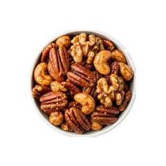 Small white ceramic bowl filled with gourmet spiced nuts (almonds, pecans, walnuts), glossy sweet-spicy glaze, on a clean transparent flat lay, top-down view, appetizing snack concept