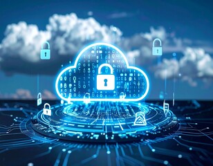A glowing digital cloud icon with a padlock symbolizing cybersecurity and data protection in cloud computing technology.