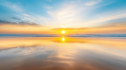 Beach sunset fog concept. Vibrant sunset reflecting on tranquil ocean waters.