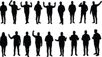 Silhouette group of people standing, walking, waving hands, communication concept, diverse men and women gestures, teamwork, business presentation, human interaction