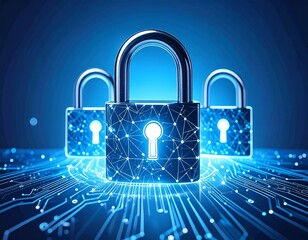 Three padlocks overlaid with a network of connected dots, resting on glowing blue circuit board lines, representing digital security.