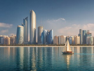 Modern Abu Dhabi Skyline at Sunset with Traditional Dhow Boat Premium Middle East Architecture for Corporate Marketing and Inspiring Lifestyle Content