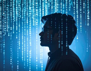 Silhouette of a man with glasses, overlaid with binary code, representing data processing.