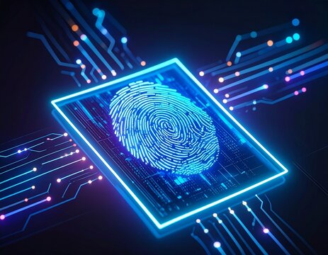 A glowing blue digital fingerprint on a microchip with illuminated data pathways, symbolizing biometric security and advanced technology. - Powered by Adobe