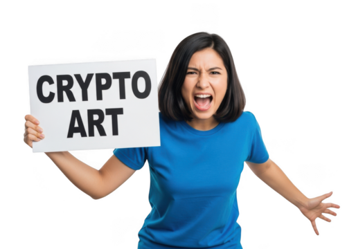 Angry woman holding crypto art sign, cryptocurrency concept, digital asset, blockchain technology, isolated on transparent background