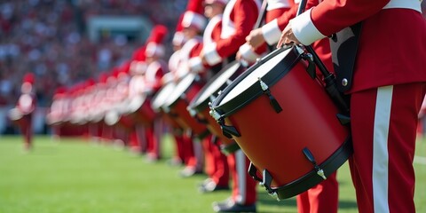 Marching band drummers in uniform performing on football field during halftime show, teamwork and musical precision outdoors