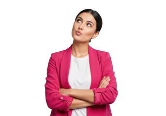 Thoughtful business woman looking upwards with arms crossed in pink blazer stock photo isolated on transparent background
