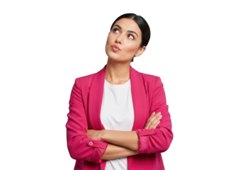 Thoughtful business woman looking upwards with arms crossed in pink blazer stock photo isolated on transparent background