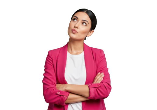 Thoughtful business woman looking upwards with arms crossed in pink blazer stock photo isolated on transparent background