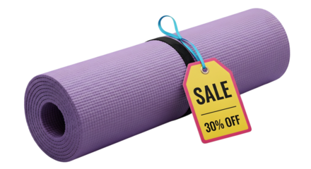 A purple yoga mat with a sale tag isolated on transparent background