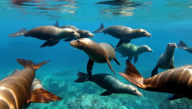 Many sea lion swimming underwater in clear blue ocean, playing with each other, animal wildlife in natural marine environment footage.
