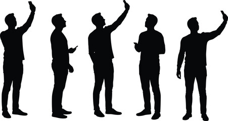 Silhouette men taking selfies, smartphone user poses, mobile phone photography, modern lifestyle concept, digital technology illustration, social media vector design