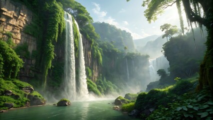 Fototapeta premium Majestic Waterfall Cascading Through Lush Green Jungle Landscape with Mist and Sunlight