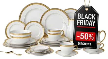 A luxurious dinnerware set with a black friday 50 off discount tag isolated on transparent background