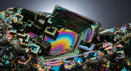 Close up macro view of iridescent cubic pyrite mineral crystal structure with rainbow colors and metallic luster