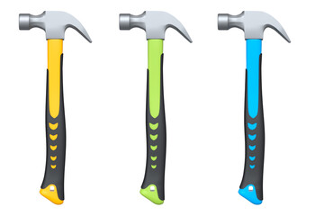 Set of claw hammers with yellow, green, and blue grips isolated on white background, concept of construction tools