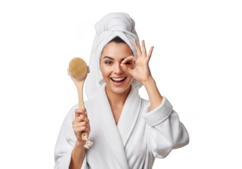 Smiling woman in bathrobe with dry brush for exfoliation and towel on head making ok sign isolated on transparent background