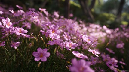 Dreamy Landscape with Lilac Flowers in Meadow: A Serene and Floral Impression