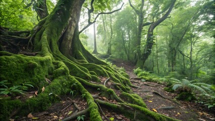 Obraz premium Lush Green Forest with Moss Covered Roots and a Winding Path Through Trees