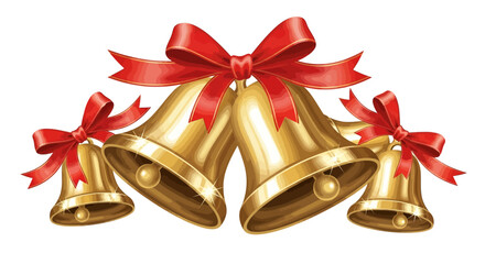 Four golden bells adorned with red ribbons, a festive holiday illustration.