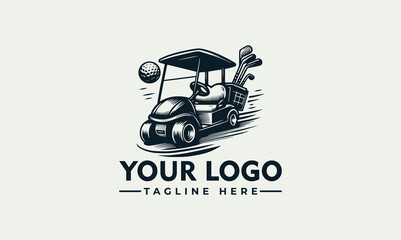 A detailed illustration of a golf cart with golf clubs, and a golf ball. © nuaari