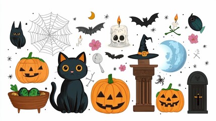 Fototapeta premium Halloween Cartoon Elements Collection, Black Cat Pumpkin Bat Spiderweb Skull Witch Hat Moon Candle for Decoration, Card, Poster, Design Material