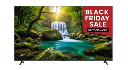 A smart tv displays a black friday sale advertisement isolated on transparent background