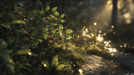 Enchanted Forest Floor: Sunlight Filtering Through Verdant Foliage Creating a Magical Ambiance