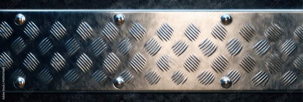 Poster metal surface with patterned texture and rivets showcasing industrial design elements in a close-up 