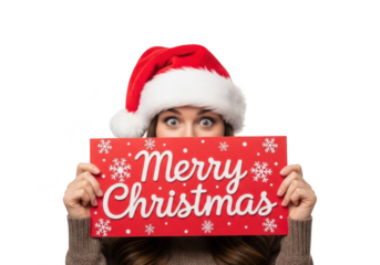 Festive christmas woman holding merry christmas sign wearing santa hat with surprised expression png image for holiday designs isolated on transparent background