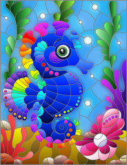 Illustration in the style of a stained glass window with a cute seahorses on a background of algae and water