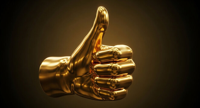 Golden thumbs up gesture shining with success and approval on dark background, luxury concept