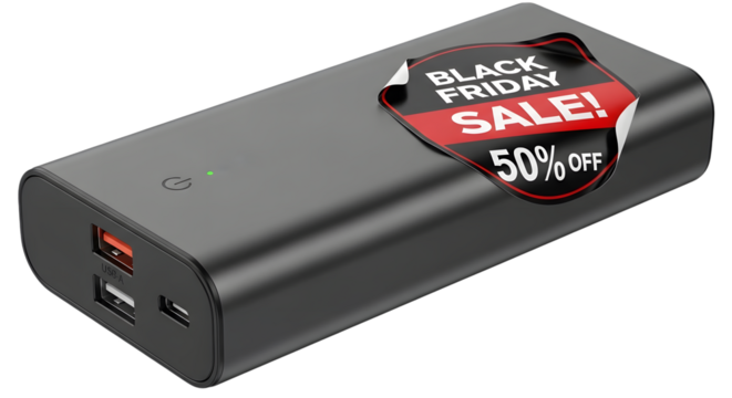 Black friday sale advertisement on a portable charger isolated on transparent background