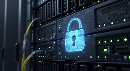 Server Room with Data Security and Padlock Icon