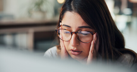 Burnout, headache or woman in office with computer, stress or fatigue for project mistake. Tired,...
