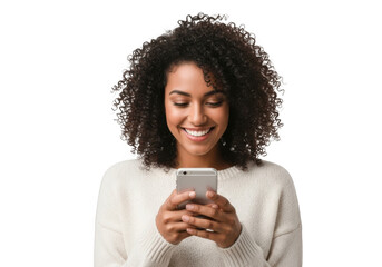 Smiling african american woman using smartphone, mobile communication, social media and technology isolated on transparent background