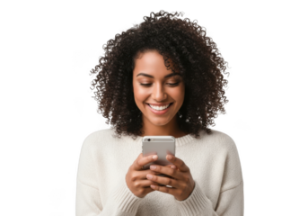 Smiling african american woman using smartphone, mobile communication, social media and technology isolated on transparent background