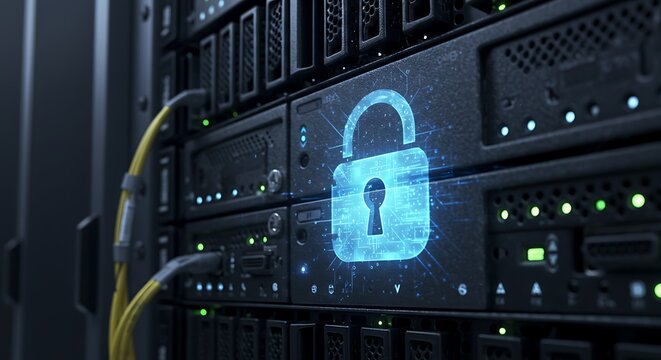 Server Room with Data Security and Padlock Icon - Powered by Adobe