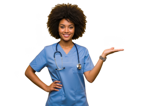 Smiling african american female nurse in scrubs presenting with open hand isolated on transparent background for graphic design projects isolated on transparent background