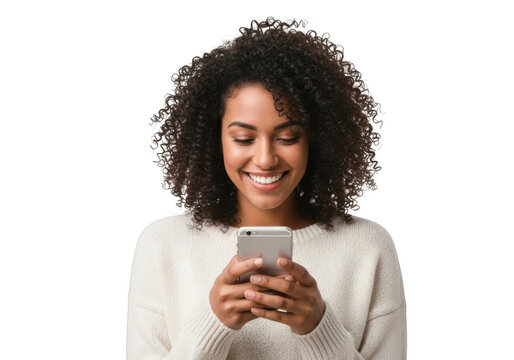 Smiling african american woman using smartphone, mobile communication, social media and technology isolated on transparent background