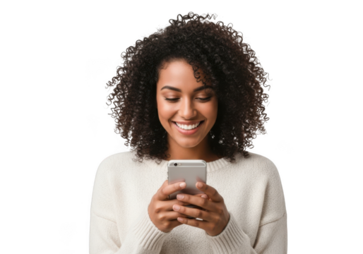 Smiling african american woman using smartphone, mobile communication, social media and technology isolated on transparent background