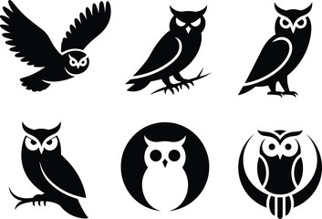 Stylized owl silhouettes in various poses and designs, vector illustration set, black bird icons, artistic wildlife concept, nature elements
