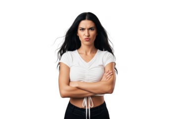 Annoyed brunette woman with arms crossed pouting and wearing a white top png image for designers and creators isolated on transparent background